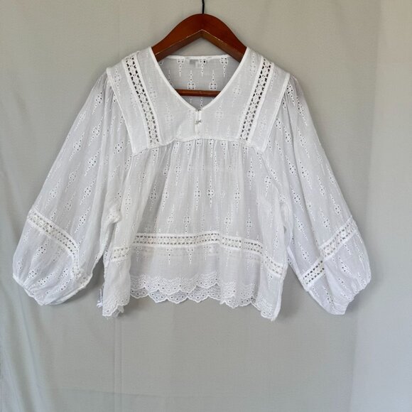 American Eagle White Embroidered Lace Ballon 3/4 Sleeve Peasant Babydoll Blouse - Picture 8 of 15